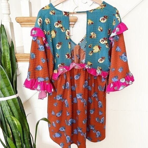 Anthropologie Novelty Orange Blue V-Neck Ruffled Sleep Mini Dress Size XS - Picture 6 of 8